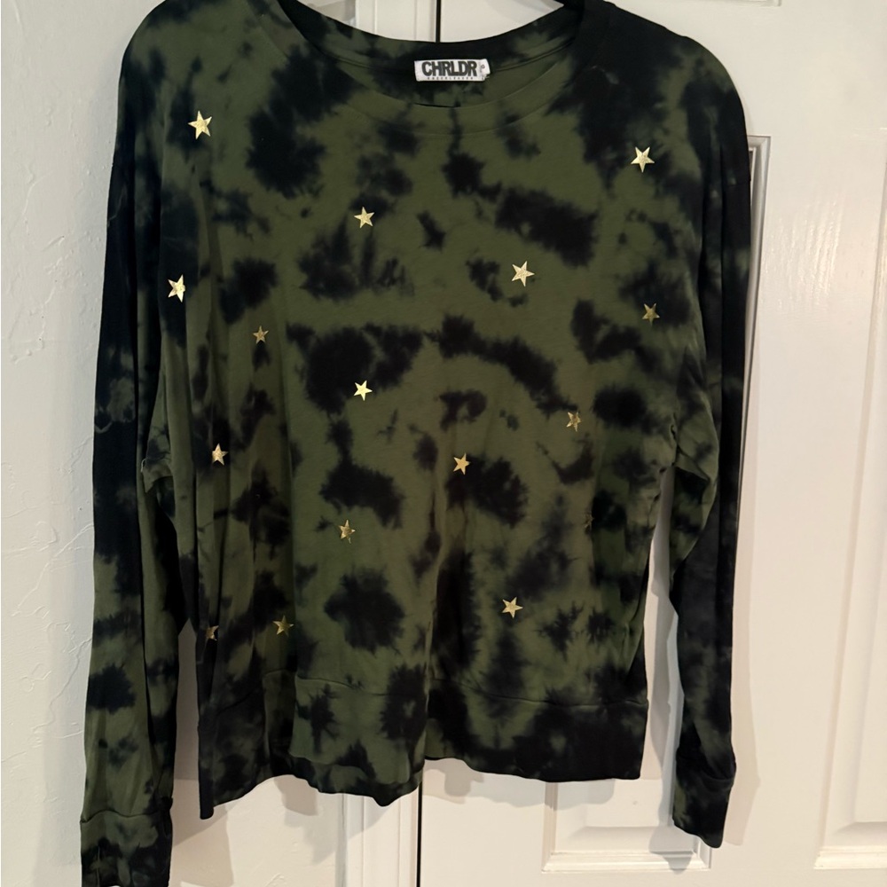 CHRLDR Anthropologie Olive Green Tie-Dye Star Embellished Long Sleeve Top
